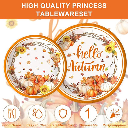 123PCS Autumn Party Supplies for Thanksgiving Themed Fall Pumpkin Decoration Tableware Set with Tablecloth and Banner Leaves Harvest Dessert Plates Napkins Cups Set for 20 Guests
