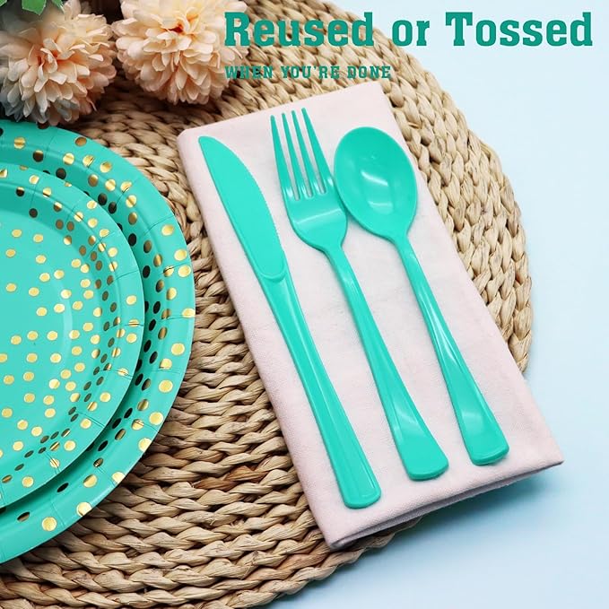 150 Pack Teal Plastic Silverware, Teal Plastic Cutlery Set - 50 Forks and 50 Spoons, 50 Knives for Brithday, Wedding