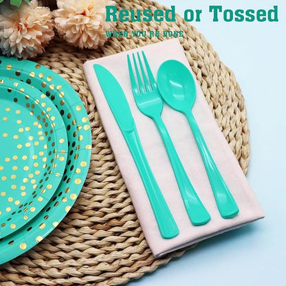 150 Pack Teal Plastic Silverware, Teal Plastic Cutlery Set - 50 Forks and 50 Spoons, 50 Knives for Brithday, Wedding