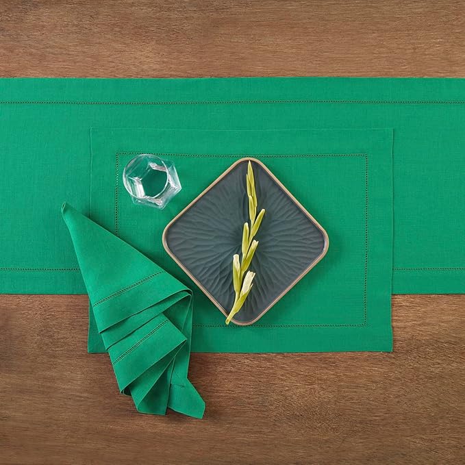 Solino Home Linen Cloth Placemats Set of 4-100% Pure Linen Hemstitch Emerald Green Placemats 14 x 19 Inch - Classic Hemstitch Table Place Mats for Christmas, New Year