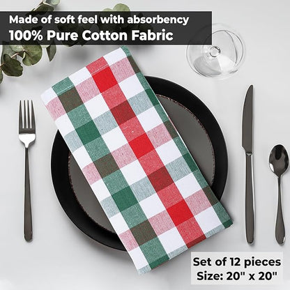 Urban Villa Cloth Napkins Set of 12 20x20 Inches 100% Cotton Napkins Cloth Washable Durable Reusable Absorbent Table Dinner Napkins Cloth for Christmas Hotel Lunch Restaurant Parties -X MAS Checks