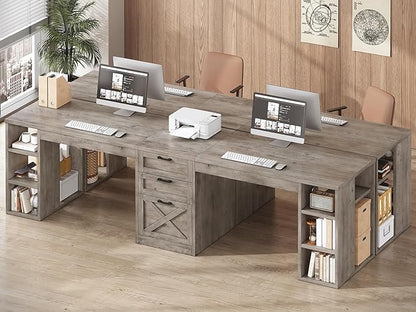 SEDETA Farmhouse 96.5" Computer Desk with Drawers, 2 Person Home Office Desk, Gaming Double Desk with Storage Shelves, Long Two Person Writing Desk (Grey)