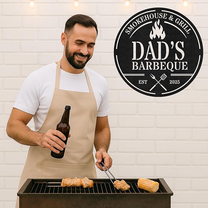 Custom BBQ Workshop Metal Sign, Personalized Grill Cut Name Wall Decor for Garage, Rustic Outdoor Cooking Area Gift