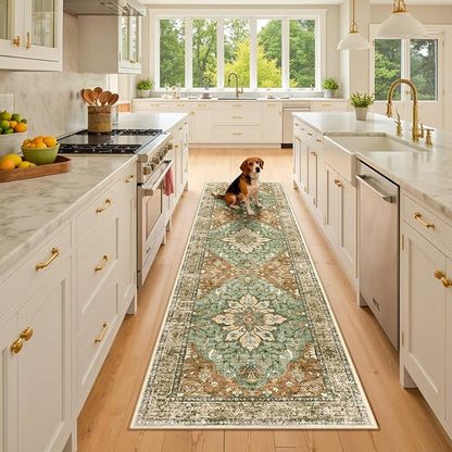 Area Rugs 2'6''x8' Runner Rug Non Slip Washable for Kitchen Hallway Bedroom Beside Laundry Room Bathroom Rug, Floor Carpet, Brick Red Rust Neutral Brown Burnt Orange Green