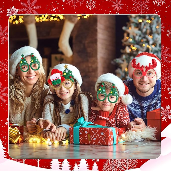 16 Pieces Christmas Glitter Eyeglasses Holiday Party Glasses Supplies Antlers Reindeer Snowman Shape for Xmas Decorations Assorted Styles