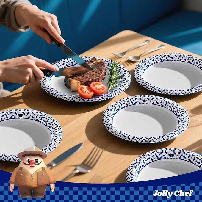 JOLLY CHEF 10 Inch Paper Plates 140 Count, Soak-Proof, Cut Proof, Disposable Heavy Duty Plates for Picnic, Family Gatherings, Parties