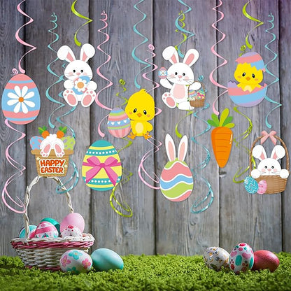Easter Party Decorations Egg-Bunny Streamers - 16Pcs Cute Hanging Swirl Ceiling,Easter Birthday Kids Favors Gifts Supplies Spring Carrot Chicks Decor Hugtmr