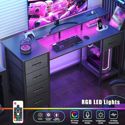 55 Inch Gaming Desk with Power Outlets and LED Lights, Reversible Computer Desk with 5 Fabric Storage Drawers, Home Office Desk with Monitor Stand for Working Writing Study, Carbon Fiber Black