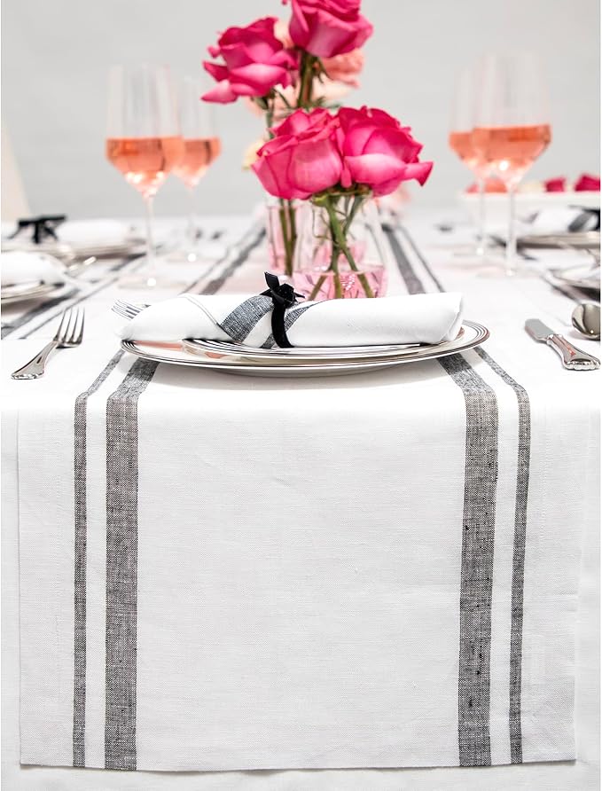 Solino Home Striped Linen Table Runner 36 Inches - 100% Pure Linen Black and White French Stripe Small Table Runner 14 x 36 Inch Ideal for Dresser and Coffee Tables - Fall, Winter