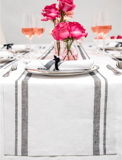 Solino Home Linen Table Runner 48 Inches - French Stripe, 100% Pure Linen Black and White Farmhouse Table Runner 14 x 48 Inch Ideal for Dresser and Coffee Tables - Fall, Winter