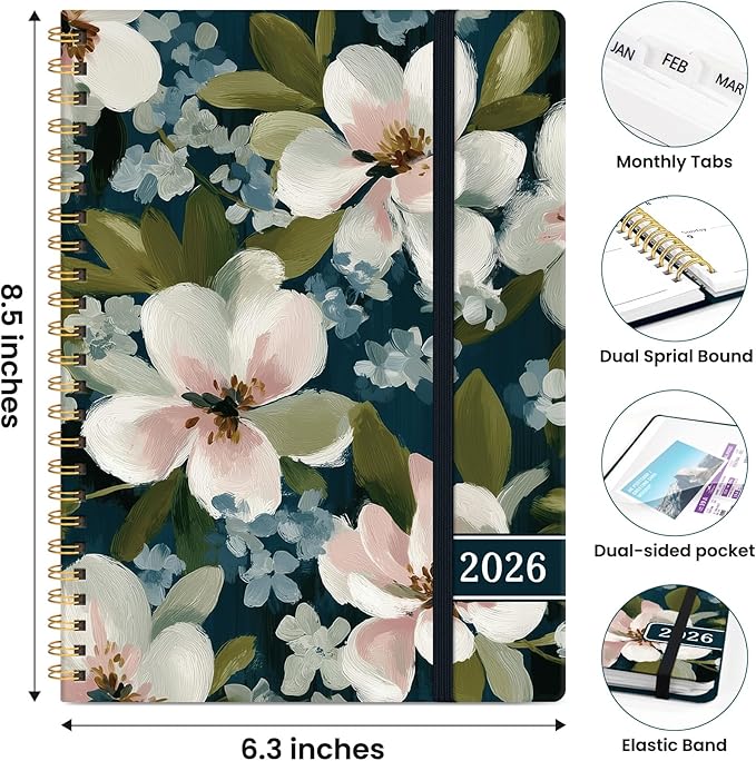 2026 Planner, Weekly and Monthly Planner for Women, Jan 2026 - Dec 2026 Pretty 2026 Calendar Planner with Monthly Tabs, Inner Pocket, Spiral Binding, Perfect for Office Home School - 6.3" x 8.5", Bloom Whisper