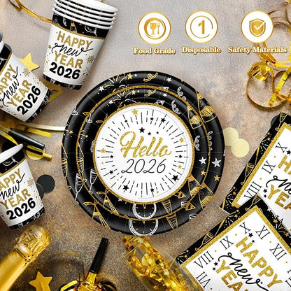 New Years Eve Party Supplies 2026-96 PCS Happy New Years Plates and Napkins Set-Nye Party Supplies Includes Happy New Year Plates Napkins Cups Nye Table Decorations 2026