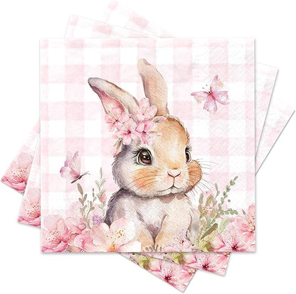 Cute Pink Bunny Paper Napkins, 3-Ply, 6.5 x 6.5 Inch, Disposable Rabbit Cocktail Napkins for Decoupage, Spring Holiday, Dinner Party, Wedding, Baby Shower, Birthday Party Decorations