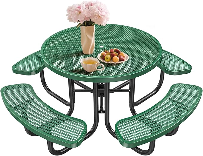 47'' Heavy-Duty Metal Picnic Tables with Umbrella Hole, Outdoor Steel Heavy Duty Commercial Grade Black Table, Outdoor Bench Set for Lawn, Patio, Park, Yard, Garden, Porch (Set B, Round)