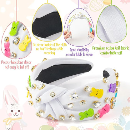 PANTIDE Easter Bunny Jeweled Knotted Headband - Peeps Rabbit Rhinestone Crystal Embellished Headband Wide Top Knot Fashion Hairband Hair Accessories Easter Spring Birthday Gift for Women Girls (White)
