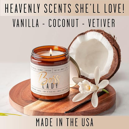 Boss Lady Gifts for Women - Soy Candle, w/Vanilla, White Coconut & Vetiver I Best Boss Gifts for Women/Girl/Female I Bosses Day Gift I 9oz Jar, 50Hr Burn Time, Made in USA