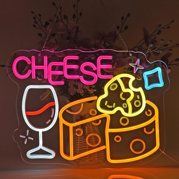 Cheese Neon Sign, Neon Lights Hanging Wall Art Decoration for Store Retail Shop Market Mall Grocery Bakeries Café Celebration Home Decor, USB Powered Ultra Bright Dimmable, 15.75×11.8inches