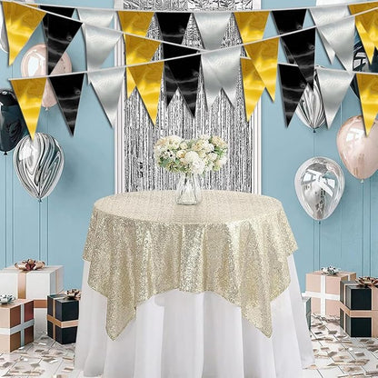 40M/130FT Black Gold Silver Triangle Pennant Banner Flag Metallic Fabric Bunting Garland for Christmas Wall Hanging,Graduation Decorations, New Years Decorations,Father' Da