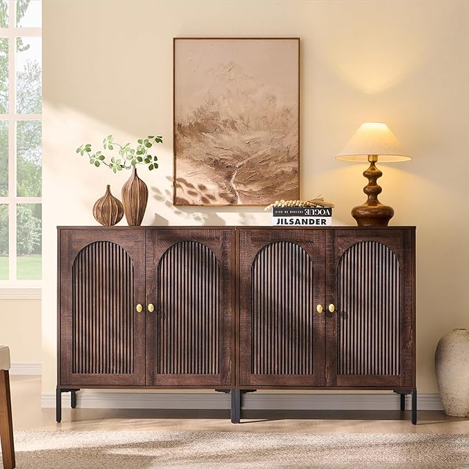 Modern Buffet Cabinet with Storage, 123.5" W Fluted Arched Sideboard Cabinet w/Adjustable Shelves, Wooden Modular Coffee Bar for Dining Room, Kitchen, Living Room, Entryway, Brown