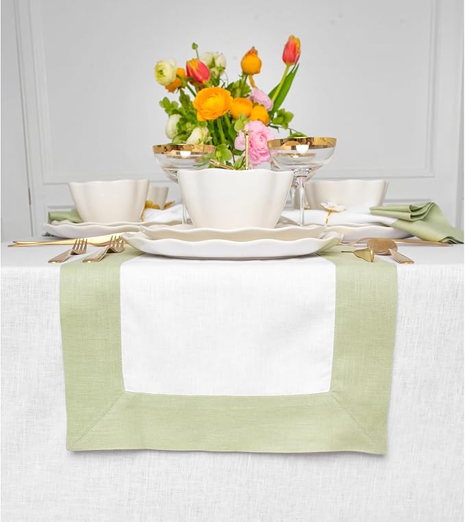 Solino Home Linen Table Runner 90 Inches Long - 100% Pure Linen Sage Green and White Table Runner 14 x 90 Inch for Fall, Autumn, Christmas, Winter, New Year - Contempo