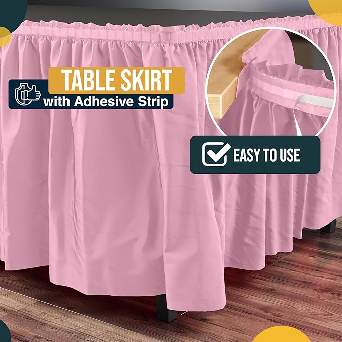 Exquisite Ruffle Table Skirt Pink 48 Pack 14 Ft Long Table Skirts for Rectangle Tables 6ft Plus or Round Tables Skirts with Adhesive Strip for Gender Reveal Decor & Happy Birthday Parties