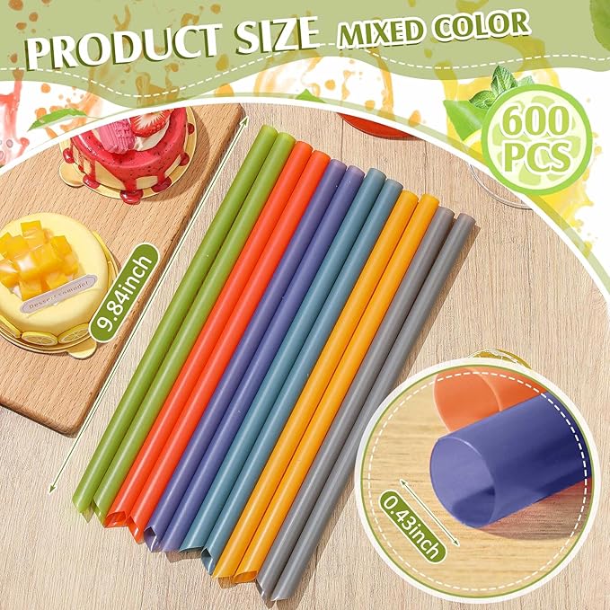 Tessco for you 600 Pcs 9.84 Inch Jumbo Smoothie Straws Bulk Large Plastic Disposable Bubble Tea Straws Wide-Mouthed Individually Wrapped for Tall Homemade Milkshakes Drinking(Colorful)