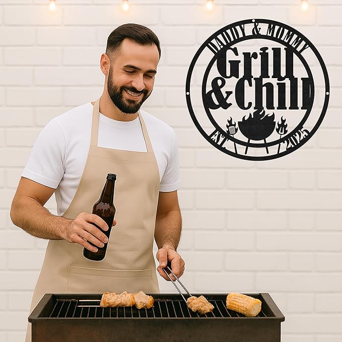 Personalized BBQ Hangout Metal Sign, Custom Grill Name Cut Wall Art for Outdoor Patio, Rustic Backyard Barbecue Decor