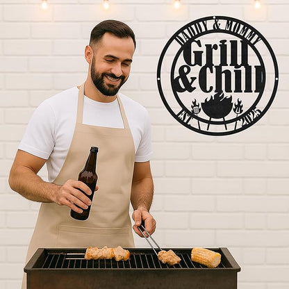 Personalized BBQ Hangout Metal Sign, Custom Grill Name Cut Wall Art for Outdoor Patio, Rustic Backyard Barbecue Decor