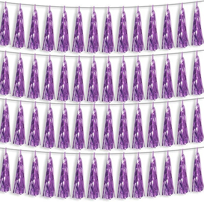 4P Light Purple Foil Fringe Metallic Streamers Banner Tassel Garland for Parade Floats, Bachelorette, Wedding, Birthday, Halloween, Christmas, Bridal/Baby Shower Party Decorations