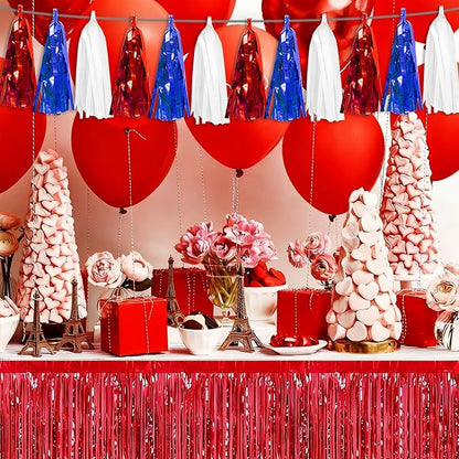 3P White Blue Red Tassel Banner Garland Metallic Foil Fringe Banner Tinsel Streamer Banner Backdrop for Parade Floats Graduation, Independence Day, 4th of july, Patriotic Themed Party Decoration