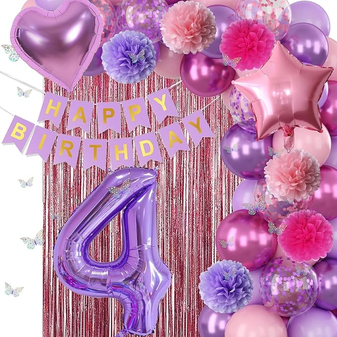Pink Purple 4th Birthday Party Decorations for Girls Number 4 Balloon Happy Birthday Banner Butterfly Stickers Fringe Curtain Paper Pom Poms Metallic Hot Pink Star Foil Balloons 4 Year Old Princess