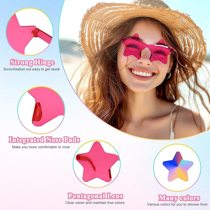NACHLYNN 24 Pcs Pentagram Glasses Rose Red Transparent Sunglasses Rimless Star Shaped Sunglasses for Carnival Cosplay