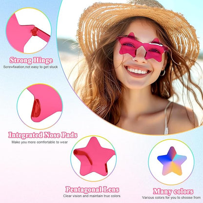 NACHLYNN 24 Pcs Pentagram Glasses Rose Red Transparent Sunglasses Rimless Star Shaped Sunglasses for Carnival Cosplay