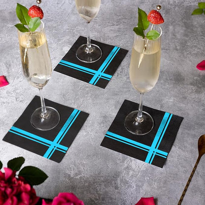 Light Blue on Black Cocktail Napkins - 100 Pack, 5" x 5", 3-Ply Paper - Style Name: Blissful Crossing