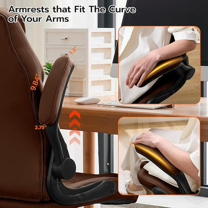 Office Desk Chair, Ergonomic Computer Chair with Padded Flip-Up Arms and Adjustable Lumbar Support, PU Leather Executive Chair with Tilt Lock and 360° Swivel Rolling Wheels for Work, Study