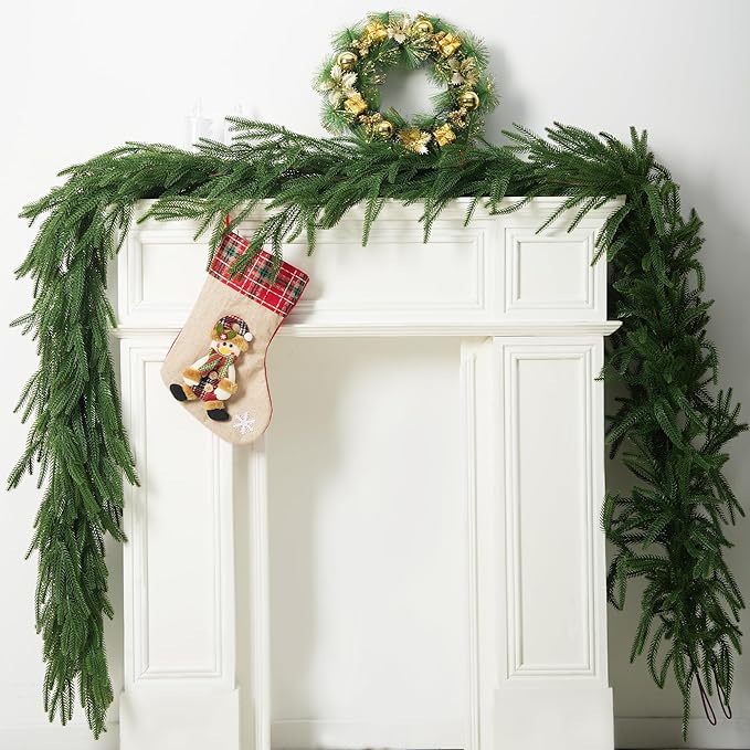 2 PCS-9FT Artificial Norfolk Pine Garlands - Real Touch Winter Pine Garland, Green Artificial Greenery Garland for Table, Mantle, Wall, Indoor, Outdoor Christmas Decorations