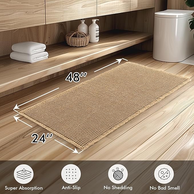 MIULEE Set of 2 Waffle Bathroom Runner Rugs, Boho Bath Rugs Non Slip Washable, Super Absorbent Runner Bath Mats, Rubber Backed Shower Mats for Hallway Bedroom Laundry Room, Brown, 2'x4'(24x48 Inch)