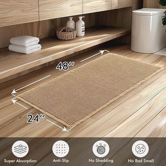 MIULEE Set of 2 Waffle Bathroom Runner Rugs, Boho Bath Rugs Non Slip Washable, Super Absorbent Runner Bath Mats, Rubber Backed Shower Mats for Hallway Bedroom Laundry Room, Brown, 2'x4'(24x48 Inch)