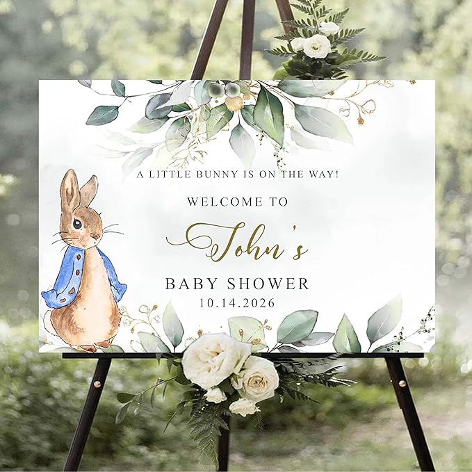 Personalized Bunny Rabbit Baby Shower Welcome Sign for Girl, Pink Peter Rabbit Theme, Greenery Bunny baby shower sign, Gift for Boys & Girls, Gender Reveal Decor, Birthday Party Favors (Style 20)