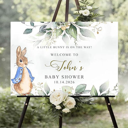 Personalized Bunny Rabbit Baby Shower Welcome Sign for Girl, Pink Peter Rabbit Theme, Greenery Bunny baby shower sign, Gift for Boys & Girls, Gender Reveal Decor, Birthday Party Favors (Style 20)