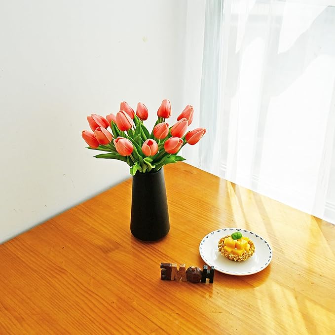 ONLY ART Artificial Coral Tulips 20 Pcs – 13.5 Inch PU Faux Flowers with Bendable Stems for Home Décor, Wedding Centerpieces, DIY Floral Arrangements, Table Decorations