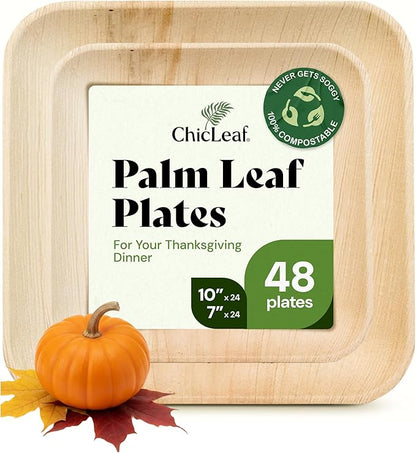 Chic Leaf Compostable & Biodegradable Palm Leaf Disposable Bamboo Plates - Disposable Party Plates for Appetizers - Thanksgiving Dinner, Camping Essentials - Reusable Supplies (10 & 7 Inch Square)