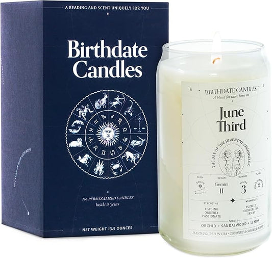 Birthdate Candles, June 3 - Gemini Zodiac Scented Candles Birthday Gift - Orchid, Sandalwood & Lemon Scent - All-Natural Soy & Coconut Wax, 60-80 Hour Burn Time - Made in USA