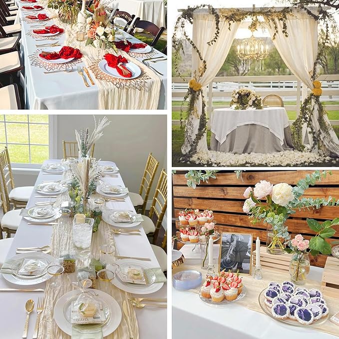 10 Pack Beige Cream Cheesecloth Table Runner 35x120 Inches, Farmhouse Rustic 10ft Gauze Cheese Cloth Table Runner for Wedding Banquets Bridal Shower Birthday Party Home Decor