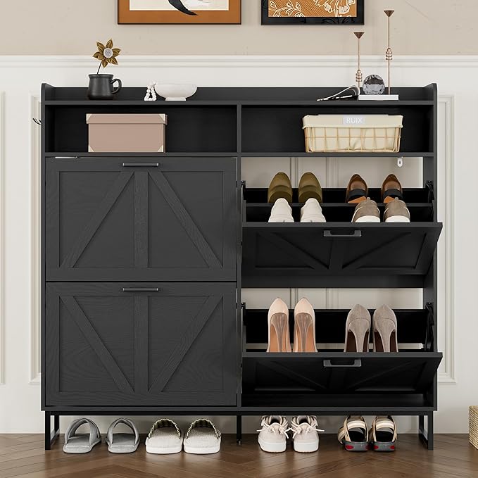 Shoe Cabinet with 4 Flip Drawers Narrow Shoe Storage Cabinet Organizer Wooden Freestanding Shoe Rack Hidden Slim Shoes Storage Cabinet for Entryway, Hallway, Living Room, Bedroom