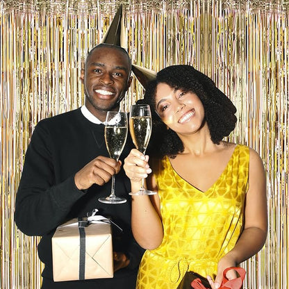 10 Pack Champagne Gold Backdrop Curtain 3.2ft x 8.2ft Metallic Tinsel Foil Fringe Curtains Photo Booth Background for Birthday Party Decoration Engagement Wedding Christmas Decor (Champagne Gold)