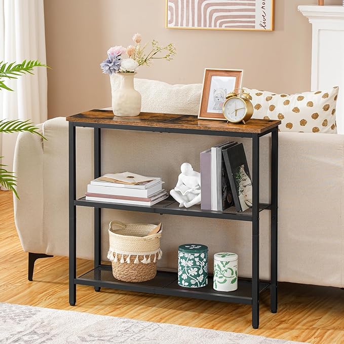 HOOBRO 29.5" Narrow Console Table, 3-Tier Entryway Table, Thin Sofa Table with Shelves, Side Table, Display Table, for Hallway, Entrance, Living Room, Bedroom, Rustic Brown and Black BF73XG01