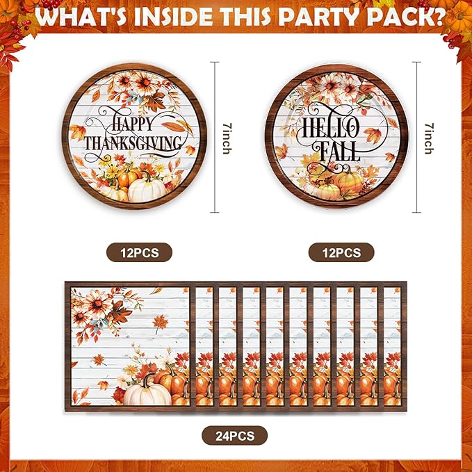 48Pcs Thanksgiving Day Birthday Party Decorations for 24 Guests - Fall Pumpkin Autumn Thanksgiving Day Supplies Plates and Napkins for Baby Shower Birthday Party Decorations