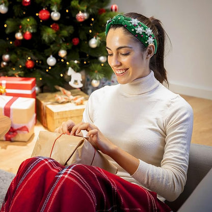 pVq Christmas Headband for Women Knotted Headband with Christmas Tree Crystal Pearl Snowflake Ribbon Xmas Holiday Hairband (Snowflakes - Green, One Size)