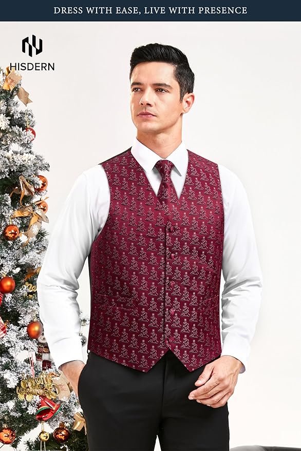 HISDERN Men's Suit Vest Christmas Holiday Season Party Jacquard Waistcoats Necktie Pocket Square Vest Suit Set